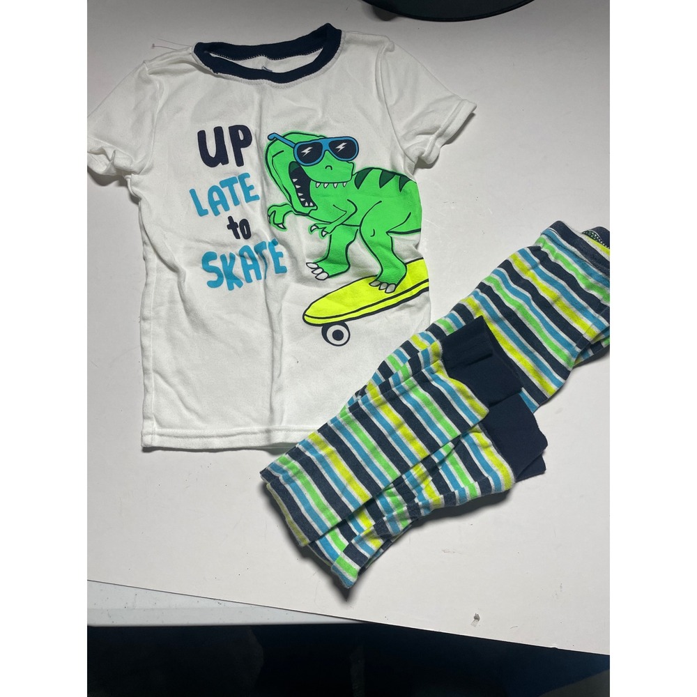 Old Navy Pajama Set Boys 5T White Green Dinosaur Skateboarding Striped Sleepwear